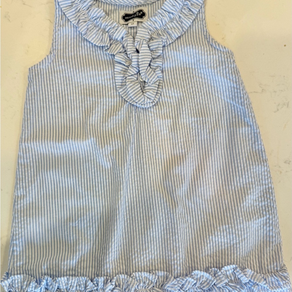 Girls Toddler 3T Mud Pie Blue and White Striped Ruffle Sundress